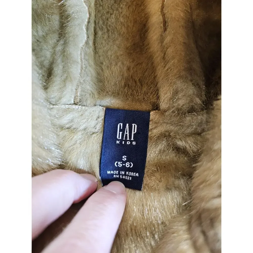 Gap Kids Faux Suede/Fur‎ Lined Hoodie Jacket Brown Button Girls Size 5/6 EUC